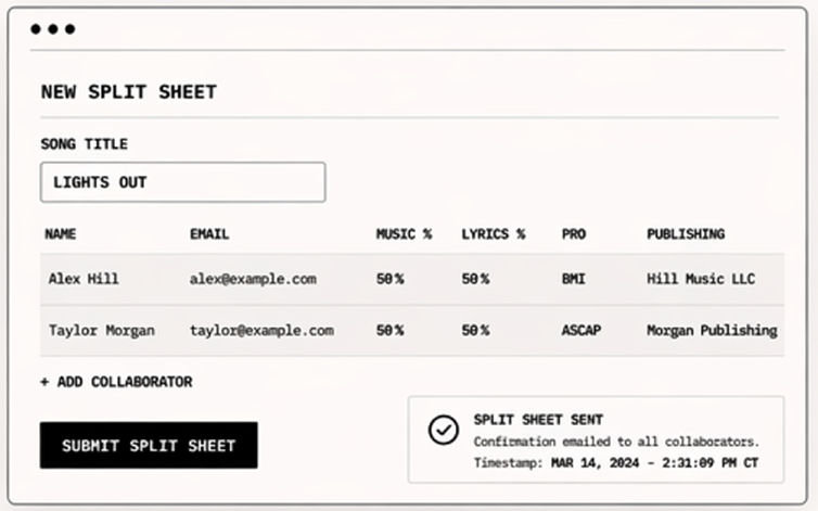 Split sheet interface screenshot